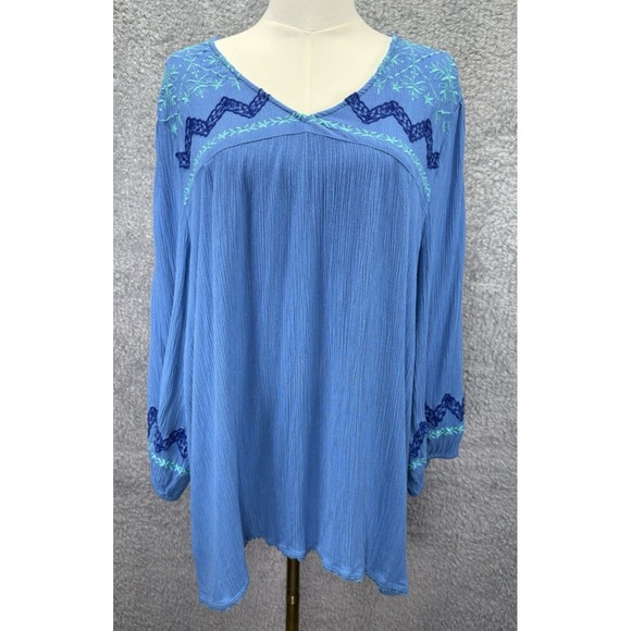 Susan Graver Crinkle Gauze Peasant Tunic Top Blue Embroidered V Neck Petite XL - Picture 2 of 11